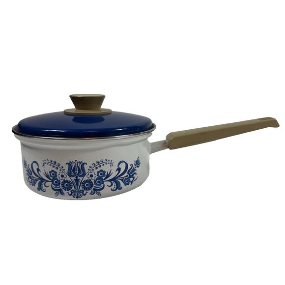 VTG Blue White Floral Enamelware 7" Sauce Pan With Lid Farmhouse Kitchen Decor - Picture 1 of 14